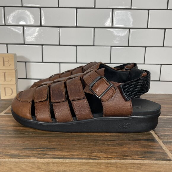 SAS Endeavor Mens Sz 11 Double Wide Shoes Brown Leather Angler Fisherman Sandal - Picture 1 of 13